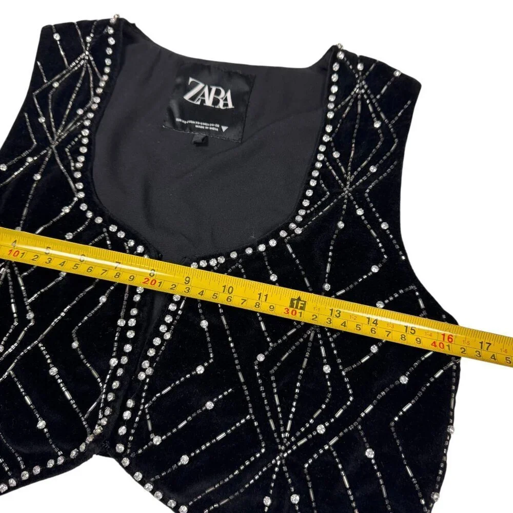 ZARA Black Velvet Waistcoat With Rhinestones Sz XS Vest Whimsigoth Boho Glam - Picture 10 of 16